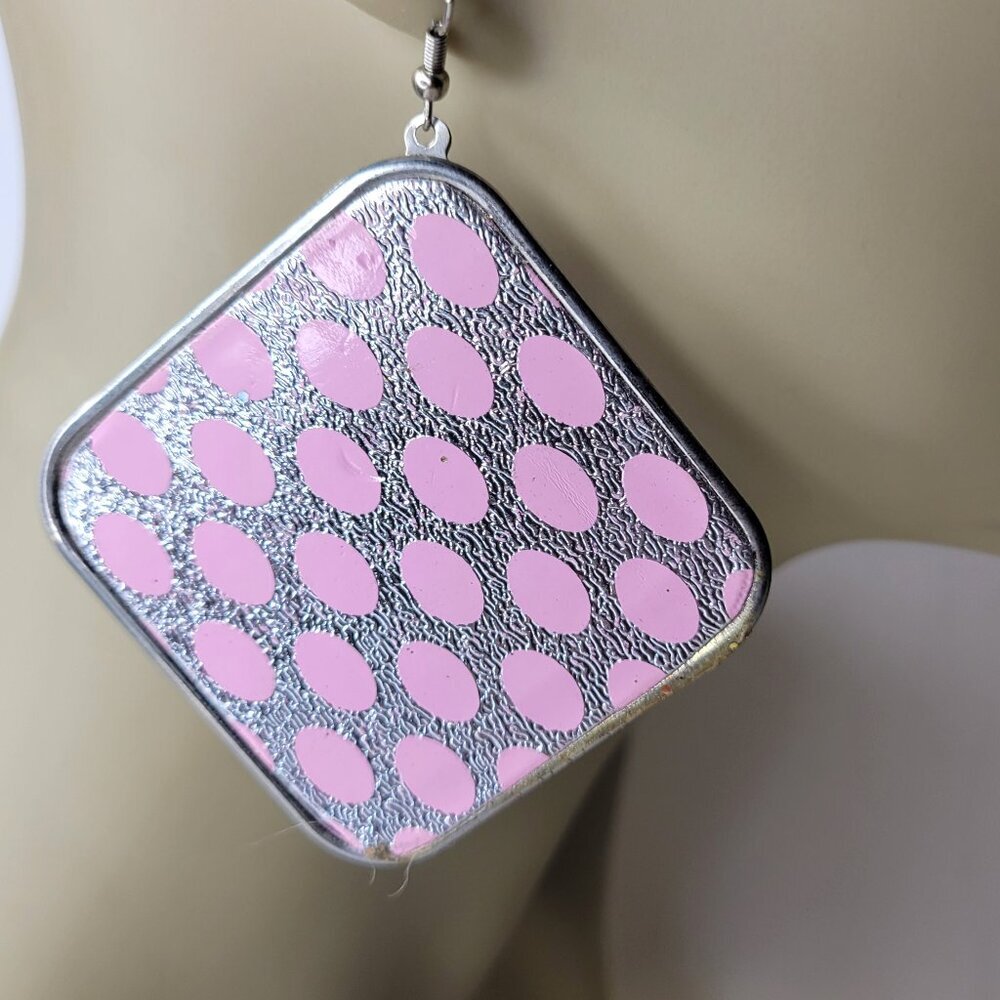 Pink and Silver Square Hook Earrings